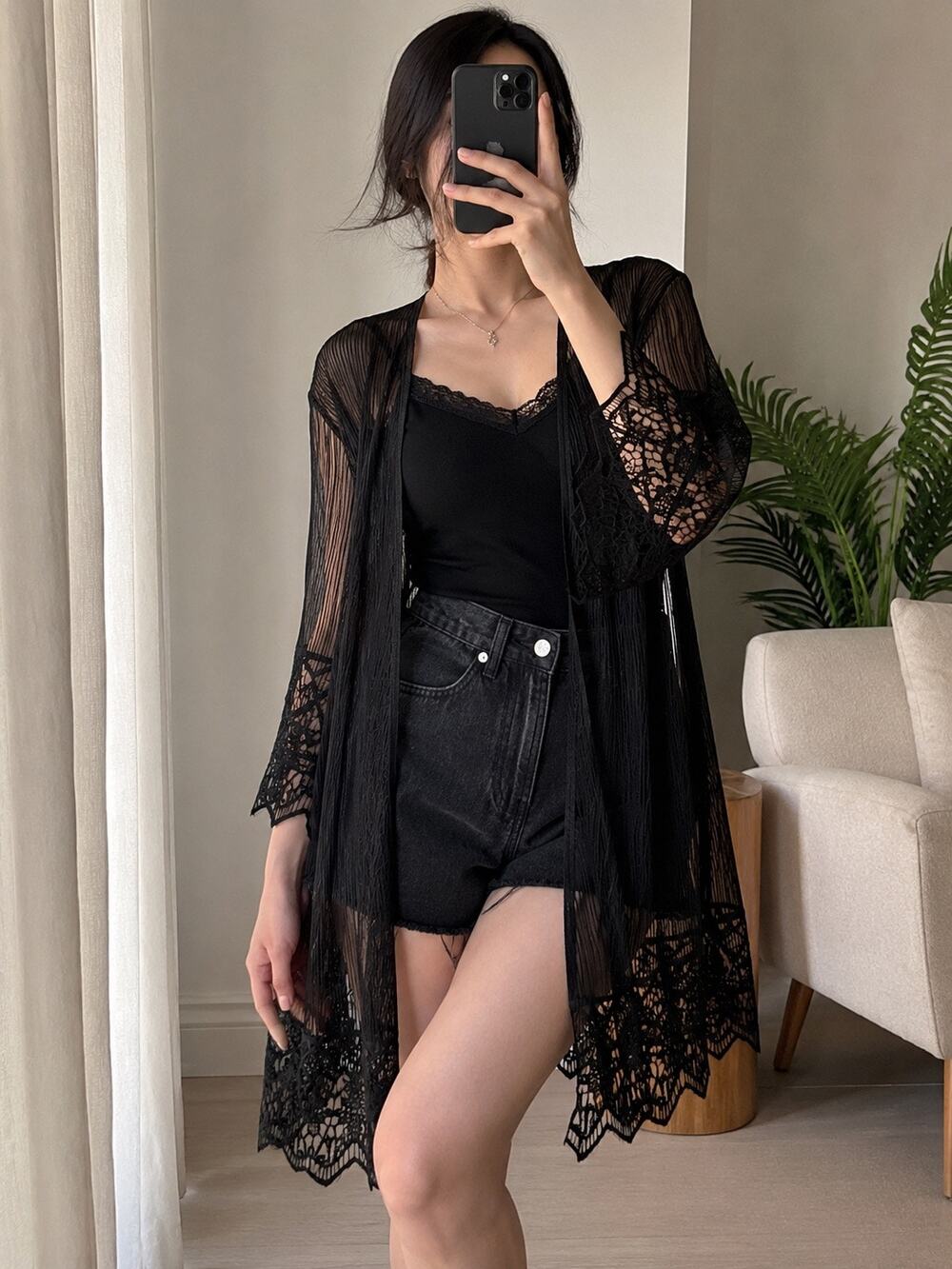 Black Sheer Lace Trim Kimono Cardigan 1X Goth Boho Duster Y2K Boho Witchy Grunge